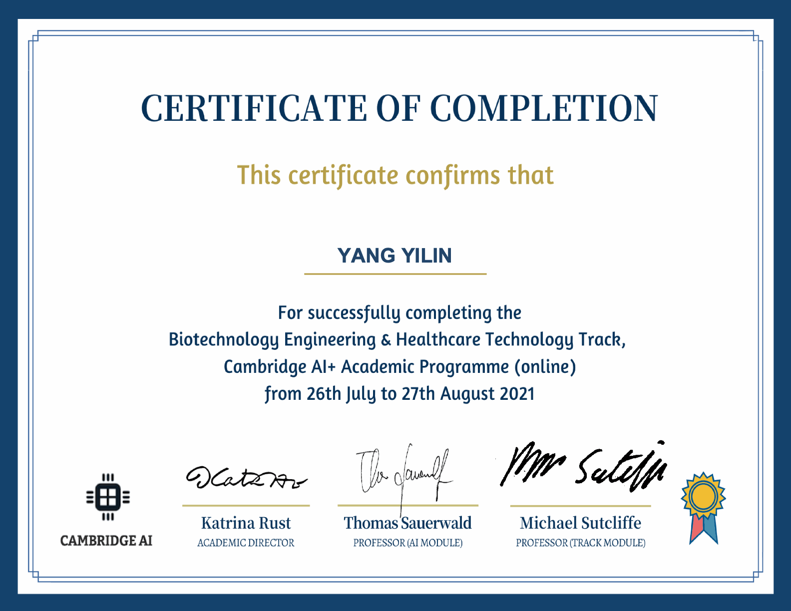 Cambridge AI+ 项目结业证书